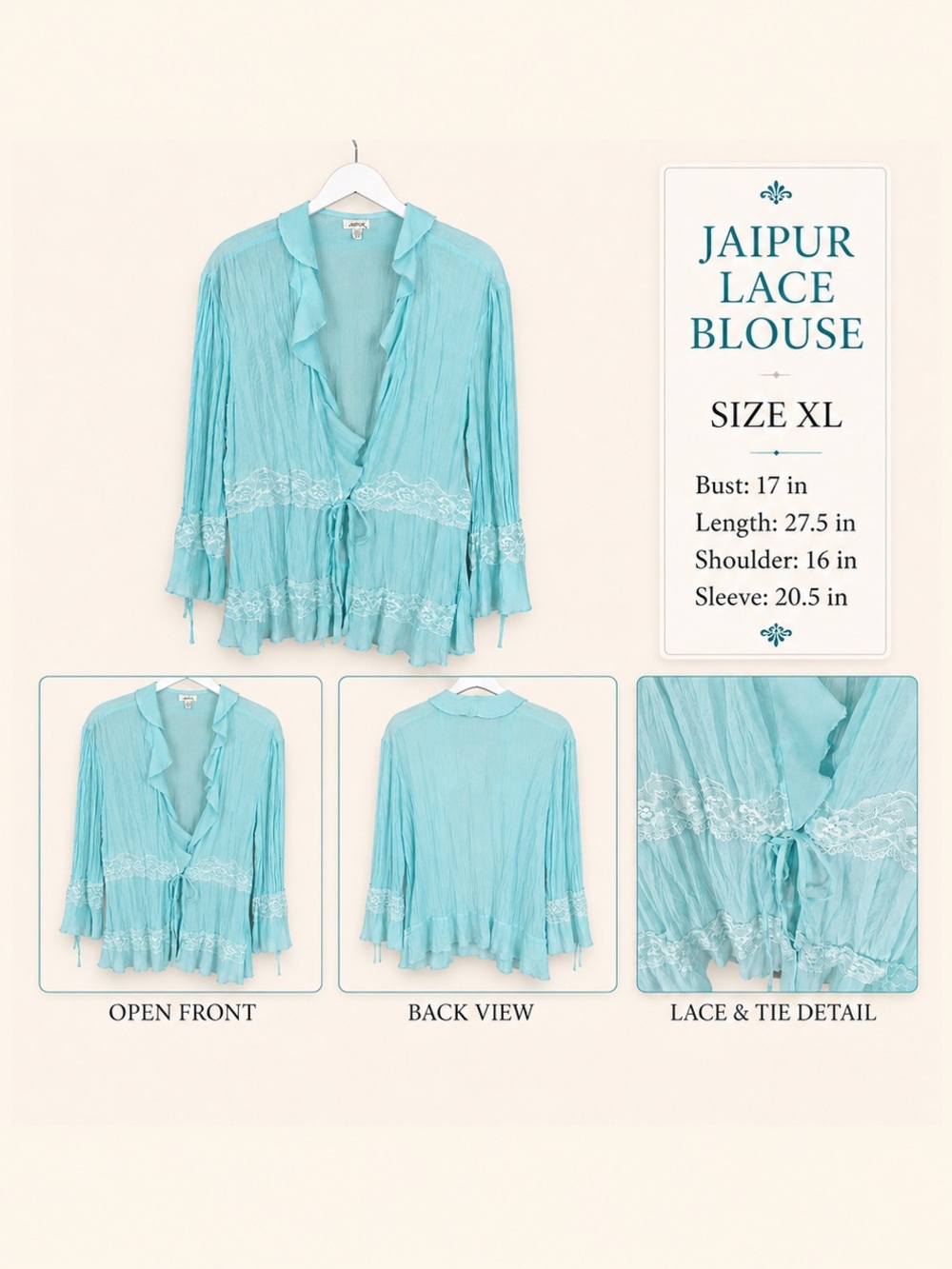 Jaipur Lace Tie-Front Blouse - Aqua Blue